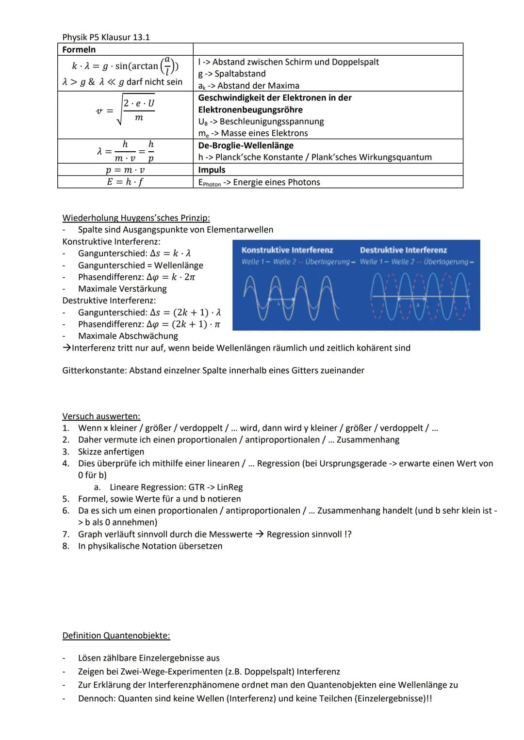 Physik P5 Klausur 13.1
Formeln
k - A = g - sin(arctan
1> g& λ << g darf nicht sein
v=
2.e. U
m
h
h
m.v P
p=m.v
E = h.f
λ =
1-> Abstand zwisc