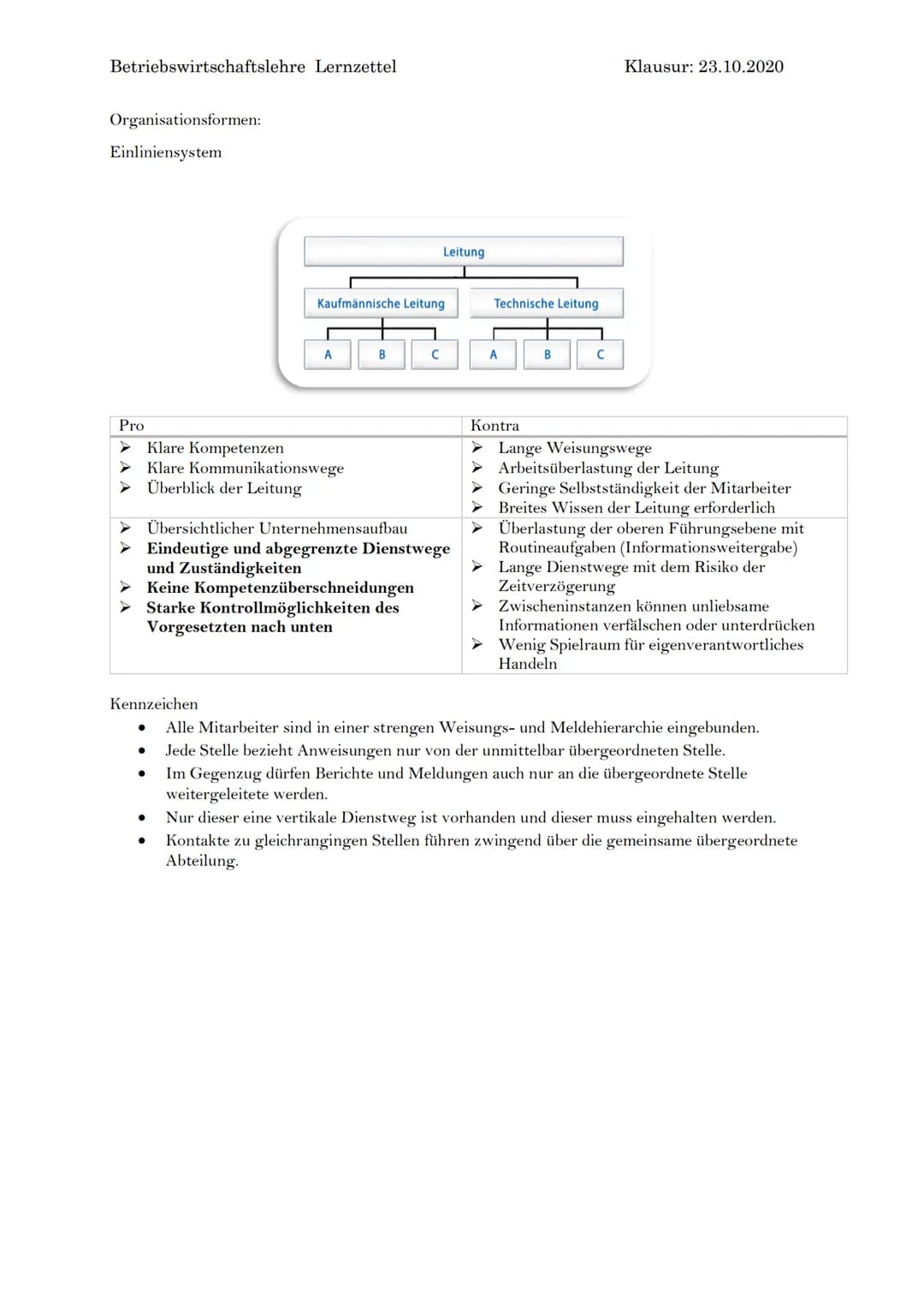 Betriebswirtschaftslehre Lernzettel
Organisationsformen:
Einliniensystem
Pro
Klare Kompetenzen
➤ Klare Kommunikationswege
Überblick der Leit