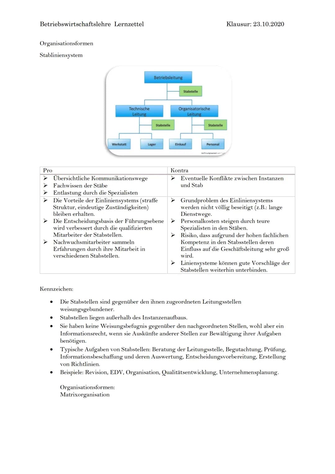 Betriebswirtschaftslehre Lernzettel
Organisationsformen:
Einliniensystem
Pro
Klare Kompetenzen
➤ Klare Kommunikationswege
Überblick der Leit