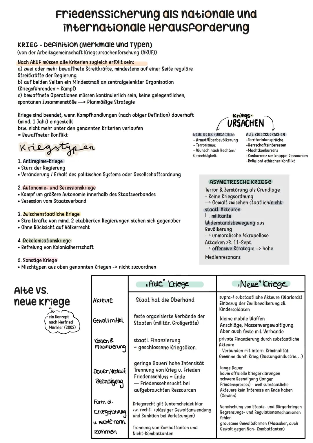 Friedenssicherung als nationale und
internationale Herausforderung
KRIEG - Definition (Merkmale und Typen)
(von der Arbeitsgemeinschaft Krie