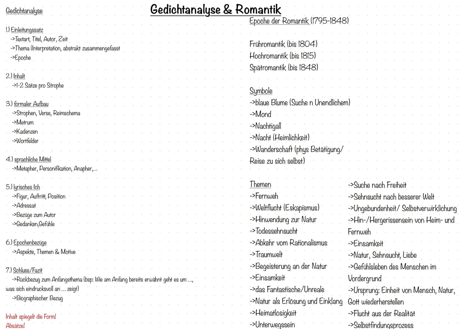 Gedichtanalyse
1.) Einleitungssatz
->Textart, Titel, Autor, Zeit
->Thema (Interpretation, abstrakt zusammengefasst
->Epoche
2.) Inhalt
->1-2