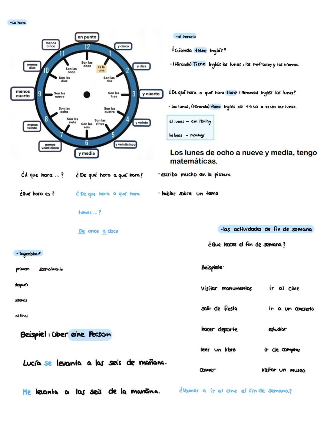 Spanisch Klausur

-La conjugación de las verbos

- El objeto directo

Regel: a + el $\rightarrow$ al

- аг
- er
- ir

yo
objekt: ohne a $\ri