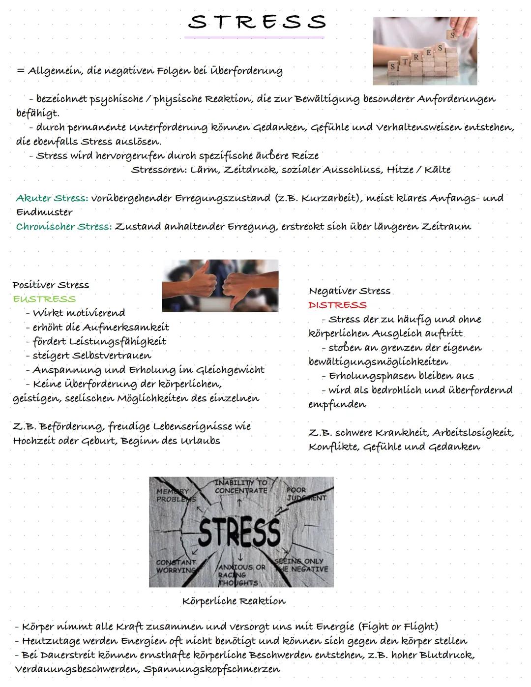 # STRESS

= Allgemein, die negativen Folgen bei überforderung

- bezeichnet psychische/physische Reaktion, die zur Bewältigung besonderer An