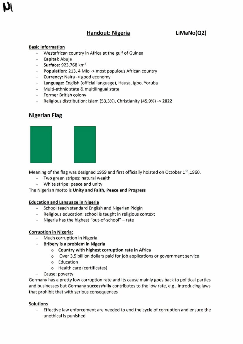 Handouts
Englisch LK
Abitur 2023 NRW NI
Basic Information
Westafrican country in Africa at the gulf of Guinea
Capital: Abuja
Surface: 923,76