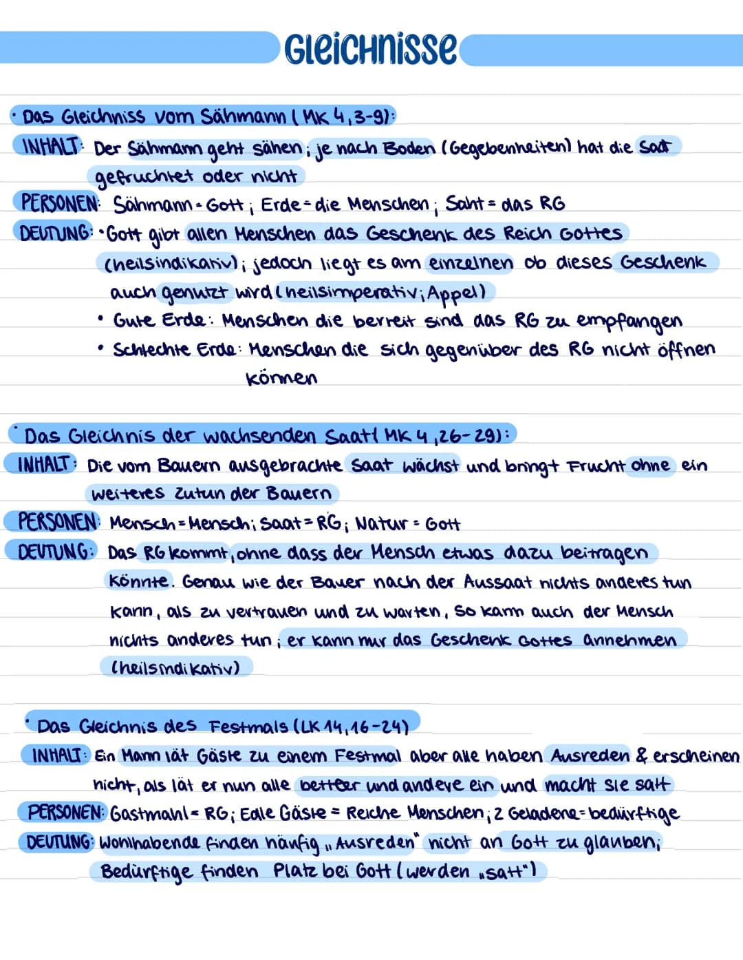 Gleichnisse
•Das Reich Gottes wird von Jesus meist in Bildlicher Rede, in Gleichnissen
beschrieben, diese greifen meist einen alltäglichen S