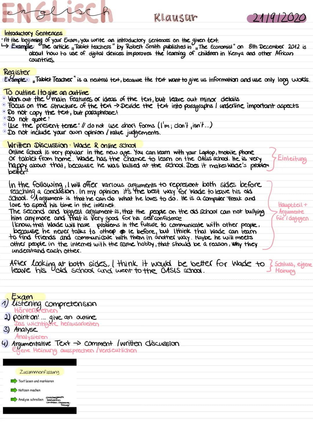 ENGLiSch
Introductory Sentences
• At the beginning of your Exam, you write an introductory sentences on the given text.
Example: The article