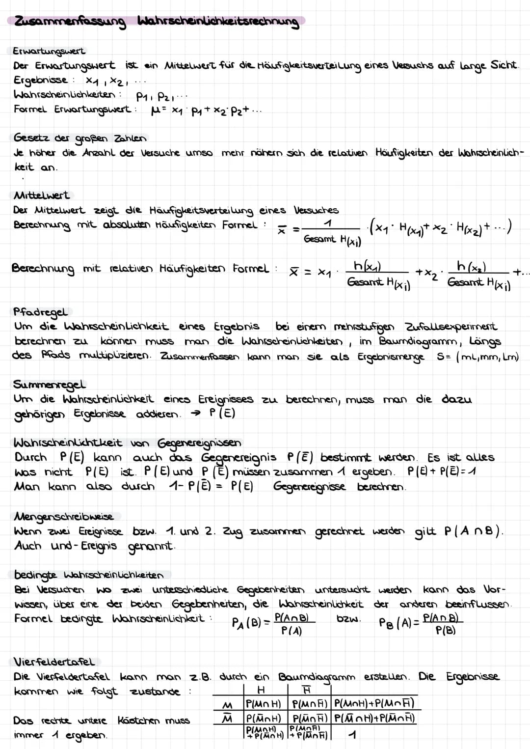 Zusammenfassung Wahrscheinlichkeitsrechnung
Erwartungswert
Der Erwartungswert ist ein Mittelwert für die Häufigkeitsverteilung eines Versuch