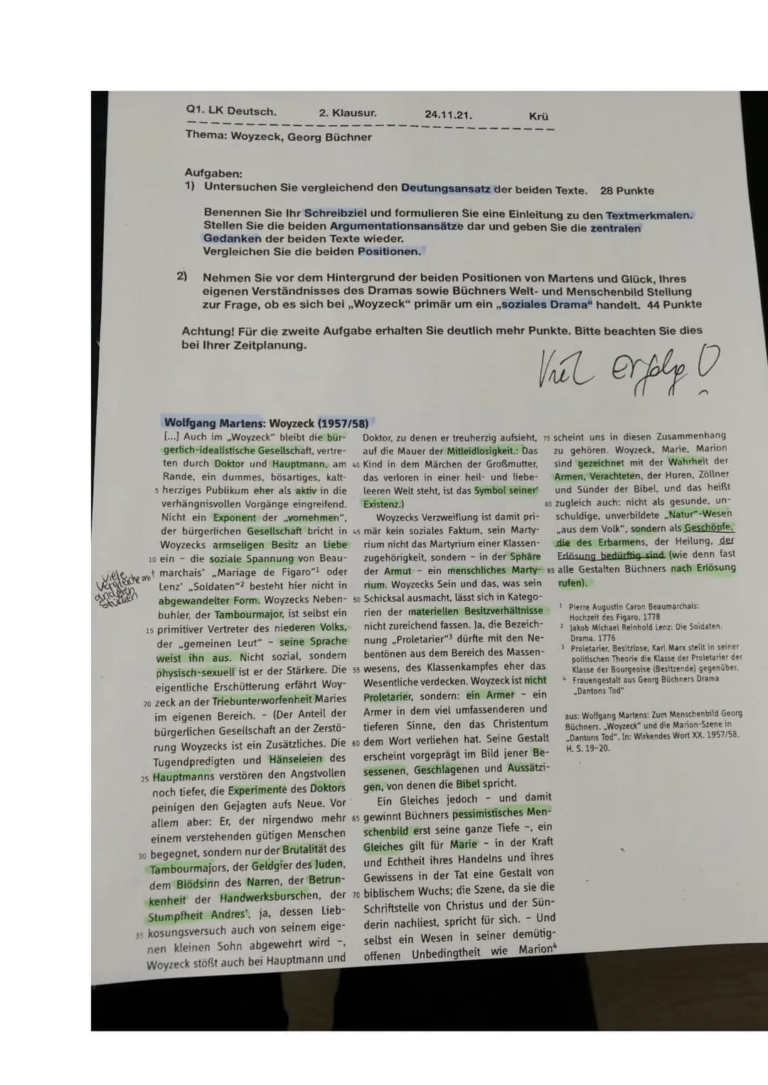 Q1. LK Deutsch.
Thema: Woyzeck, Georg Büchner
2. Klausur.
2)
Aufgaben:
1) Untersuchen Sie vergleichend den Deutungsansatz der beiden Texte. 