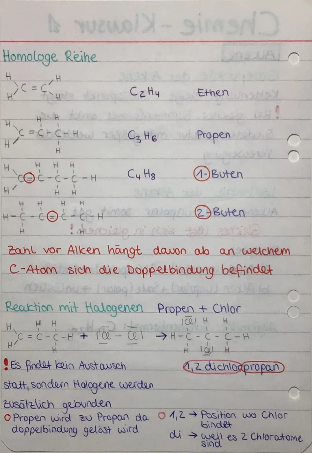 Chemie-Klausur 2
Alkene
Siedepunkte der Alkene.
Kettenlänge steigt → Siedepunkt steigt
Bei gleicher Summenformel sinkt die
Siedetemperatur m