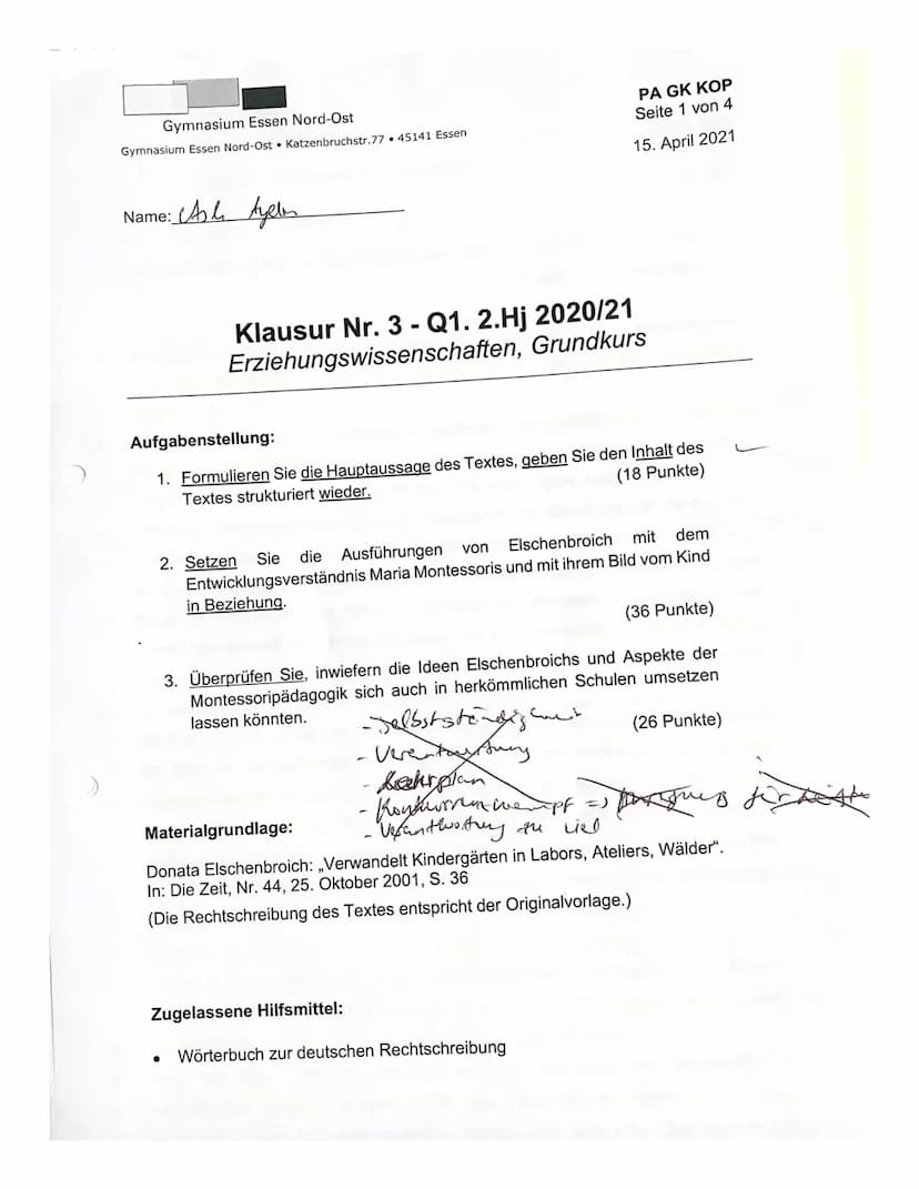 Klausur Nr.3
Jahrgangsstufe Q1.2
Name: ASLI
Teilleistungen - Kriterien
a) Inhaltliche Leistung
Auf. 1
Auf. 2
ANFORDERUNGEN
Der Prüfling
15.0