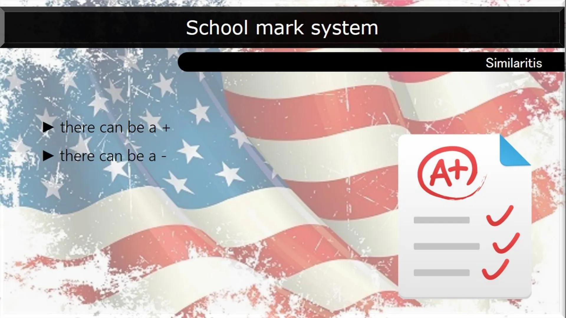 Types of school:
Many school types:
AMERICAN SCHOOL SYSTEM
A
B
Elementary school
Middle school
Junior High
High school
Mark system:
Marks fr