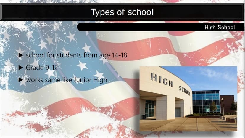 Types of school:
Many school types:
AMERICAN SCHOOL SYSTEM
A
B
Elementary school
Middle school
Junior High
High school
Mark system:
Marks fr