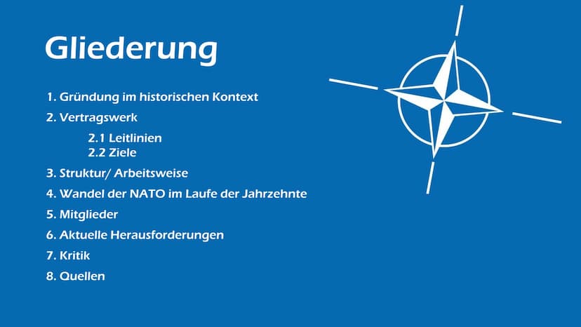 Die NATO
Verteidigungsbündnis
oder Weltpolizist?
Von Elisabeth Atapin Gliederung
1. Gründung im historischen Kontext
2. Vertragswerk
2.1 Lei