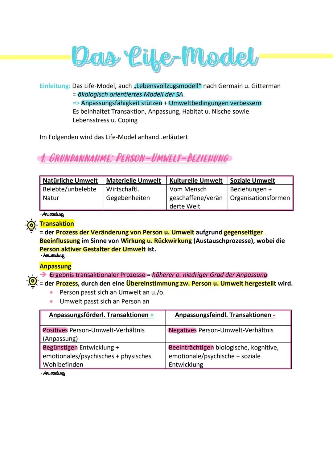 # Das Life-Model

Einleitung: Das Life-Model, auch „Lebensvollzugsmodell" nach Germain u. Gitterman
= ökologisch orientiertes Modell der SA.