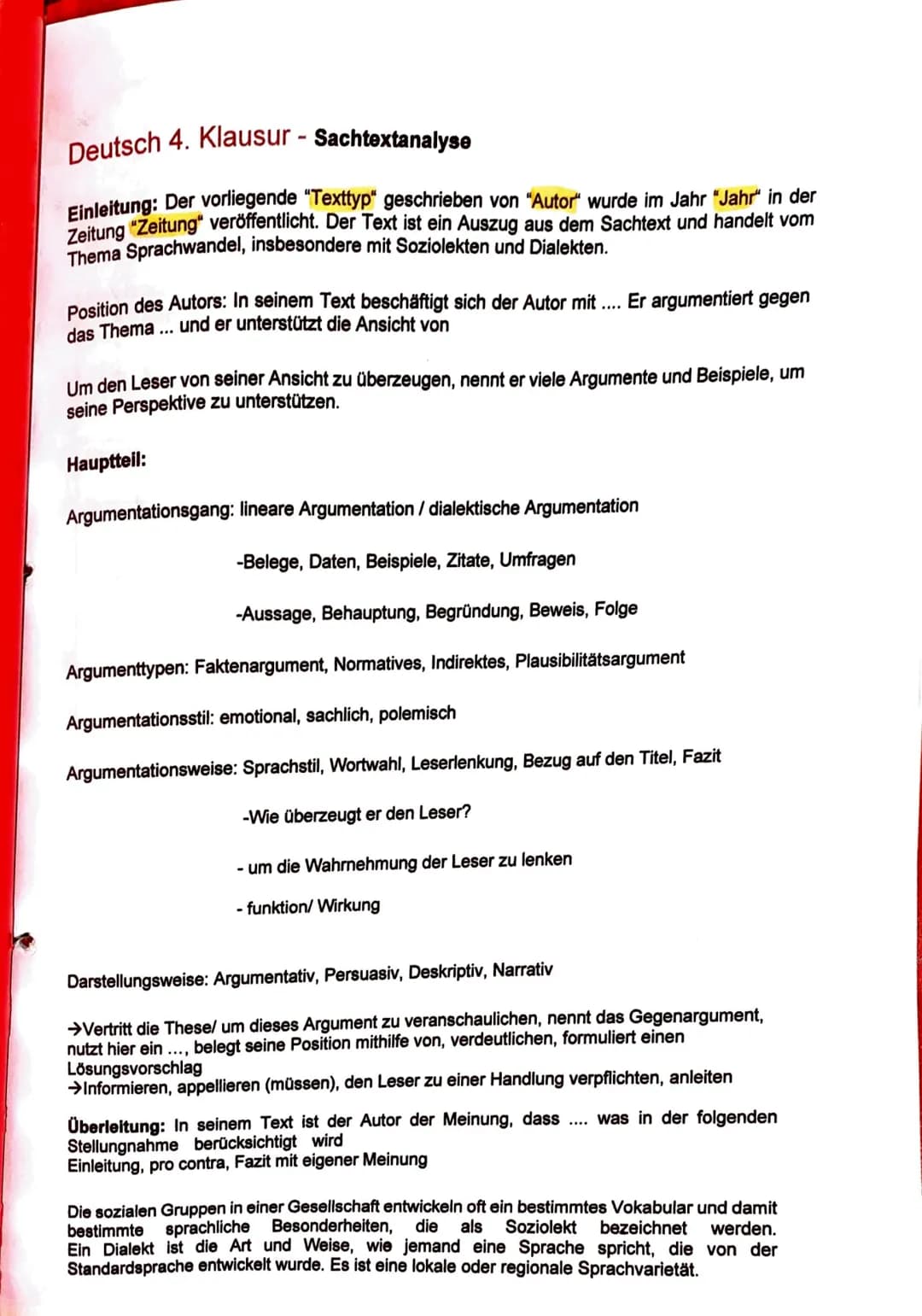 Deutsch 4. Klausur - Sachtextanalyse
Einleitung: Der vorliegende "Texttyp" geschrieben von "Autor" wurde im Jahr "Jahr" in der
Zeitung "Zeit