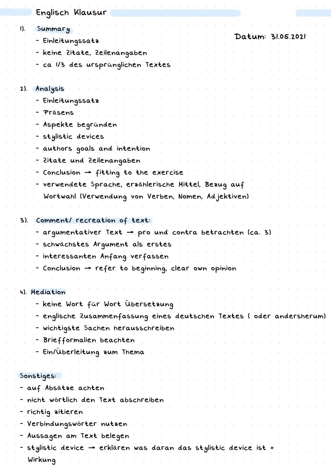 1).
Englisch Klausur
Summary
3).
Einleitungssatz
keine Zitate, Zeilenangaben
- ca 1/3 des ursprünglichen Textes
2). Analysis
Einleitungssatz