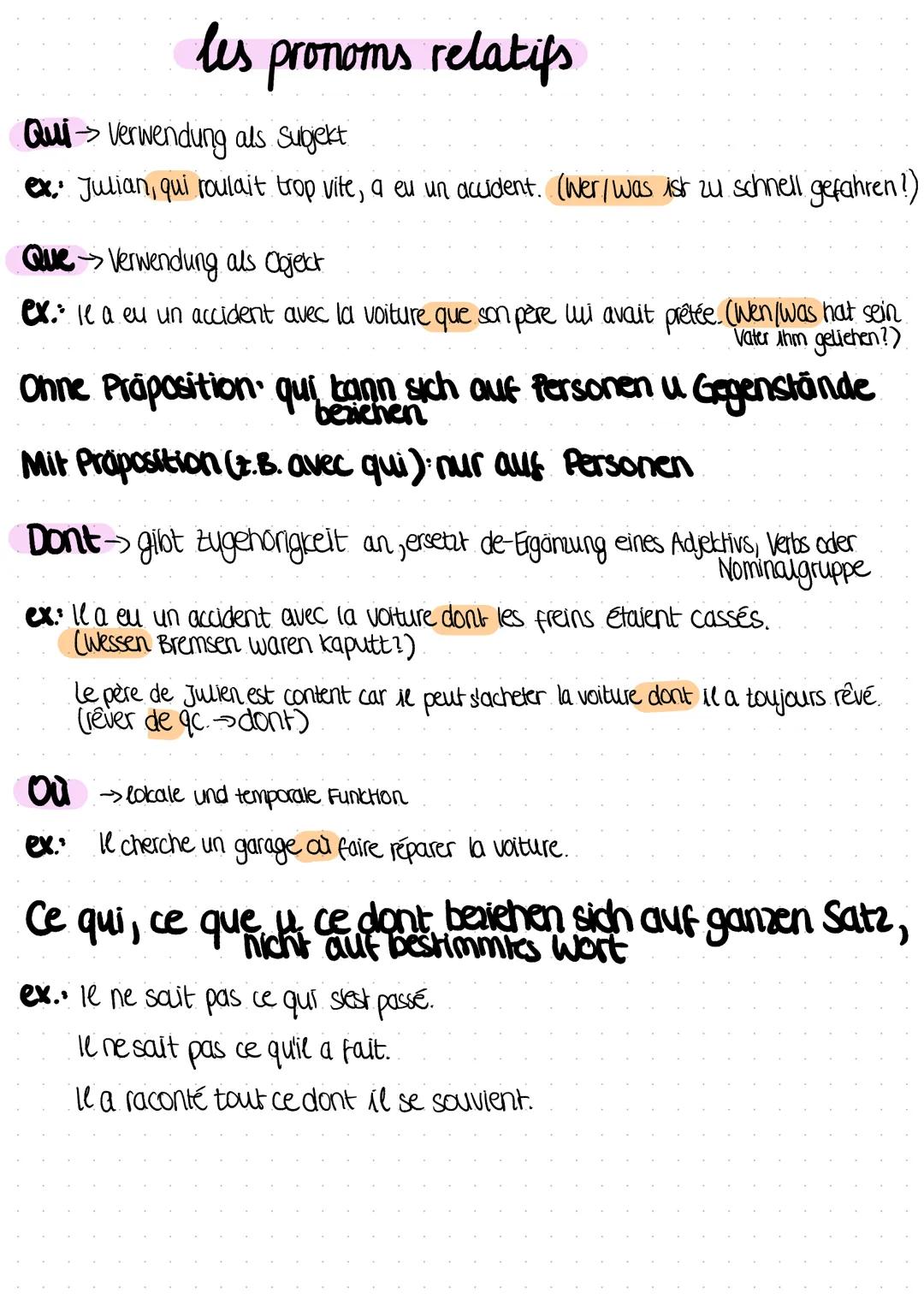 # les pronoms relatifs

Qui Verwendung als Subjekt

ex: Julian, qui roulait trop vite, a eu un accident. (Wer/was ist zu schnell gefahren!)
