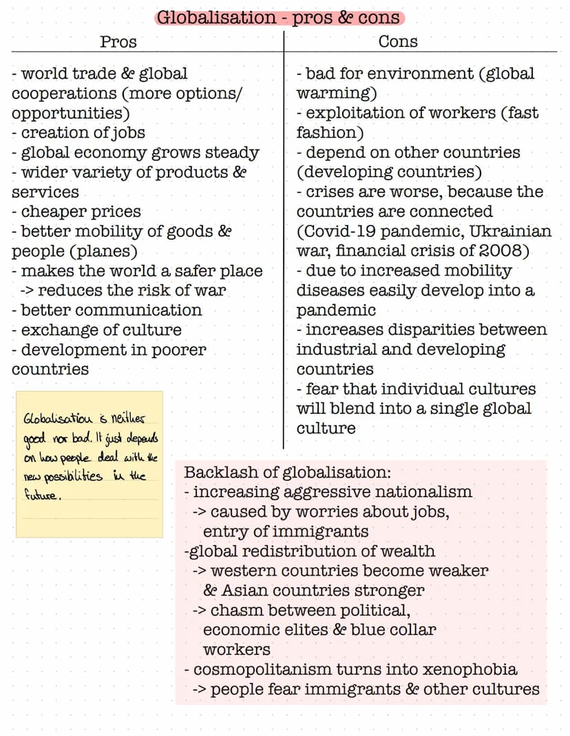 Economy:
- transport of goods
- greenwashing
- no trade barriers
Globalisation - overview
- global collaborations
- Labor mobility
- outsour