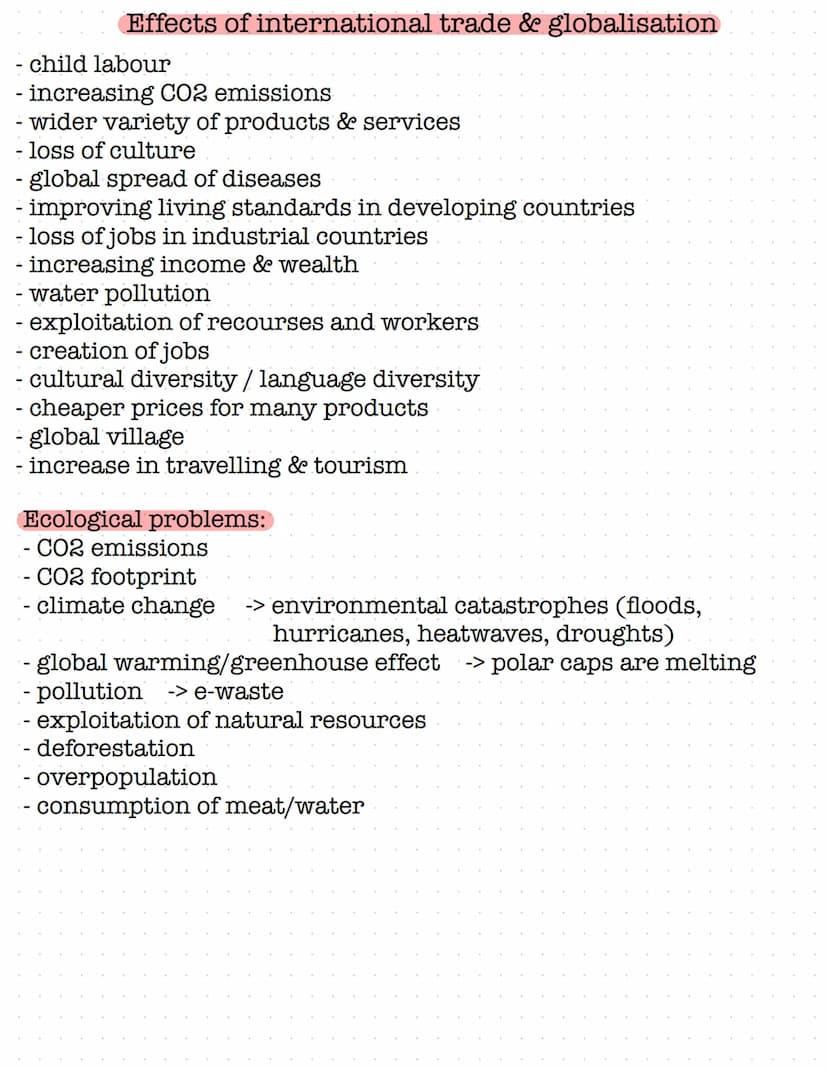 Economy:
- transport of goods
- greenwashing
- no trade barriers
Globalisation - overview
- global collaborations
- Labor mobility
- outsour