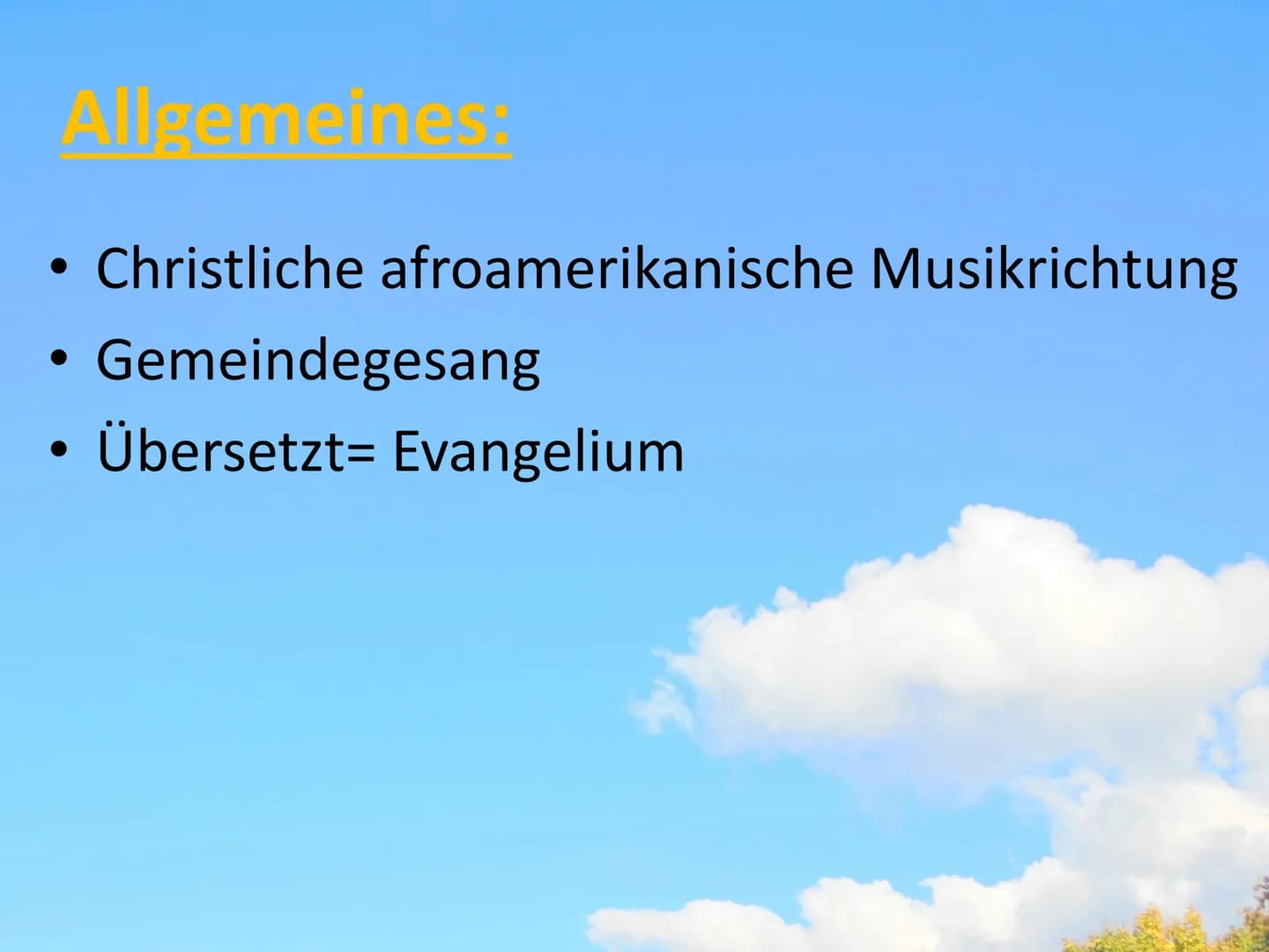 GOSPEL Gliederung:
Allgemeines
• Vorläufer & Bedingungen
• Themen
●
●
●
●
Besetzung
Stilmerkmale
Entstehung
Edwin Hawkins
Hörbeispiel
Gospel