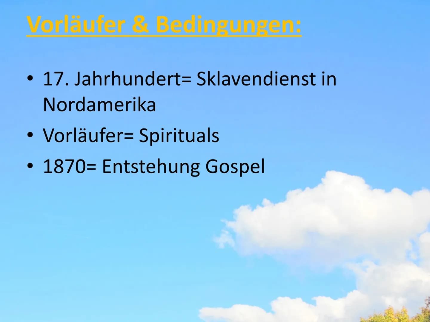 GOSPEL Gliederung:
Allgemeines
• Vorläufer & Bedingungen
• Themen
●
●
●
●
Besetzung
Stilmerkmale
Entstehung
Edwin Hawkins
Hörbeispiel
Gospel