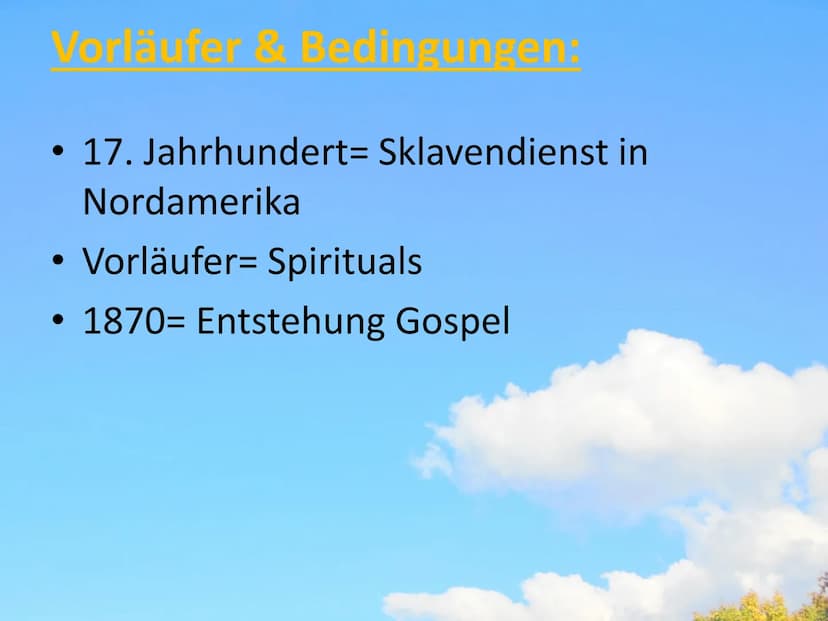 GOSPEL Gliederung:
Allgemeines
• Vorläufer & Bedingungen
• Themen
●
●
●
●
Besetzung
Stilmerkmale
Entstehung
Edwin Hawkins
Hörbeispiel
Gospel