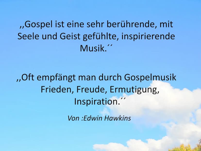 GOSPEL Gliederung:
Allgemeines
• Vorläufer & Bedingungen
• Themen
●
●
●
●
Besetzung
Stilmerkmale
Entstehung
Edwin Hawkins
Hörbeispiel
Gospel