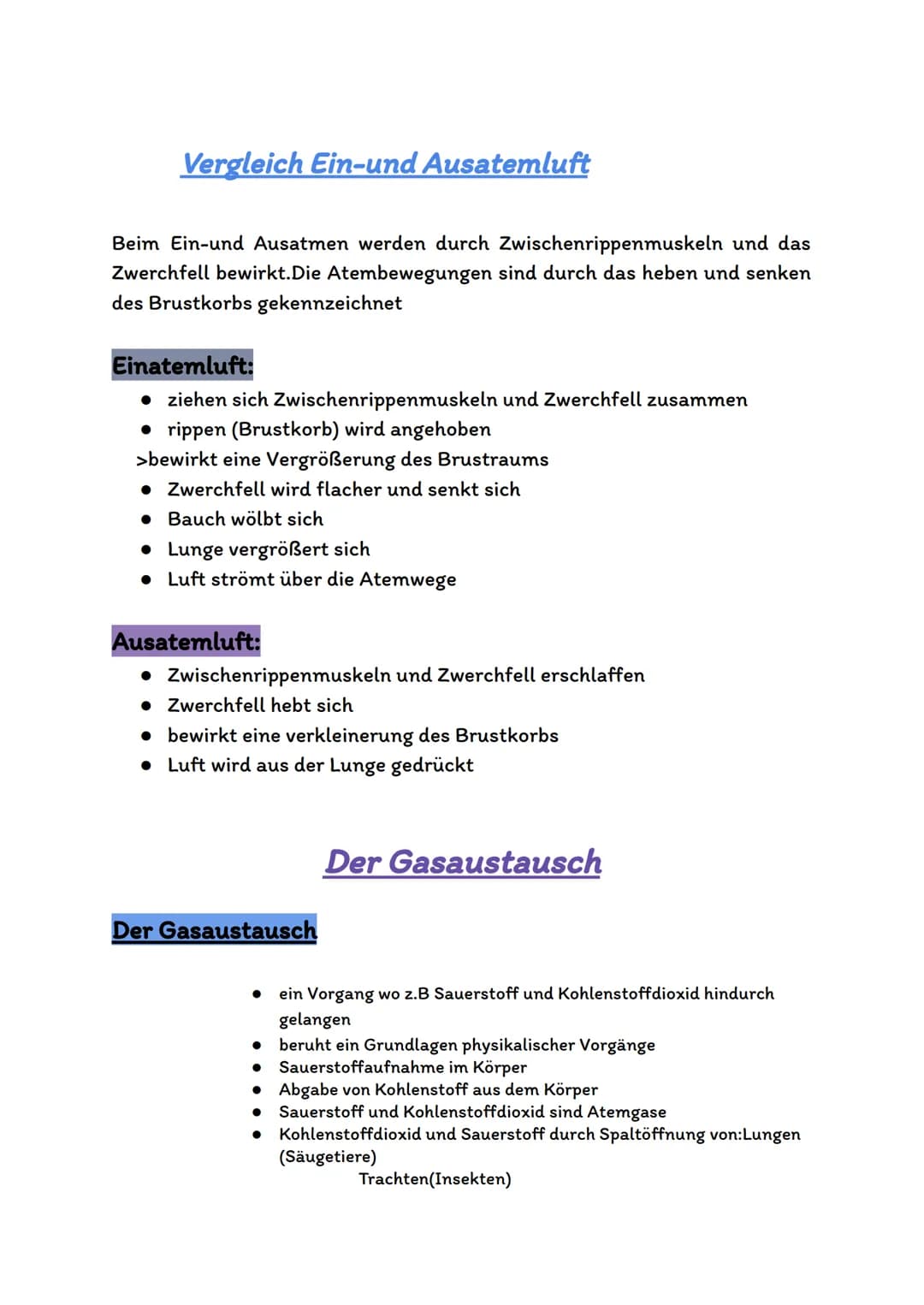Atmungsorgane
Atmungsorgane sind die Organe in unserem Körper,die für den
Sauerstofftransport und den Gasaustausch zuständig sind.
Bei den A