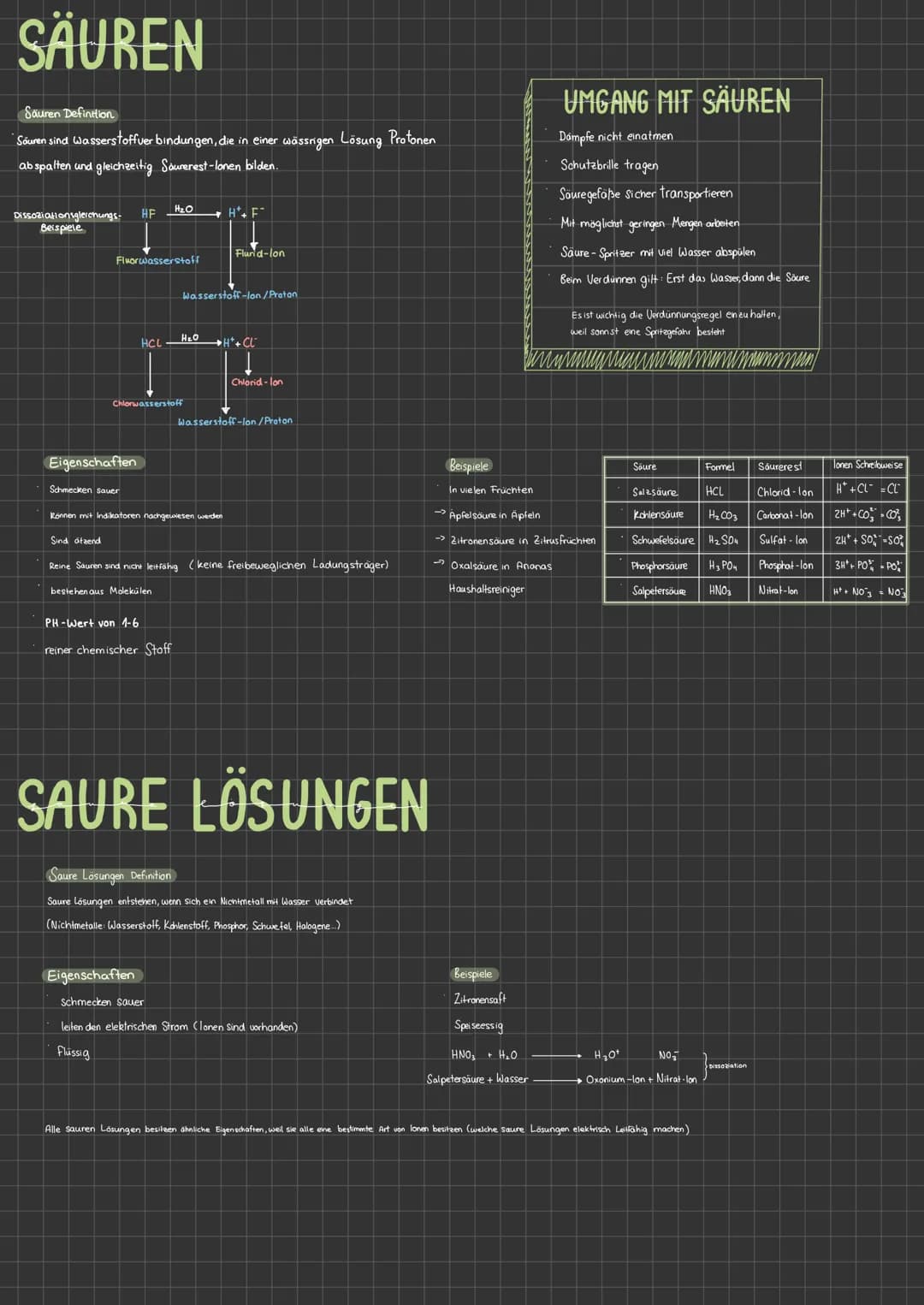 SÄUREN
Säuren Definition
Säuren sind Wasserstoffverbindungen, die in einer wässrigen Lösung Protonen
abspalten und gleichzeitig Saurerest-lo