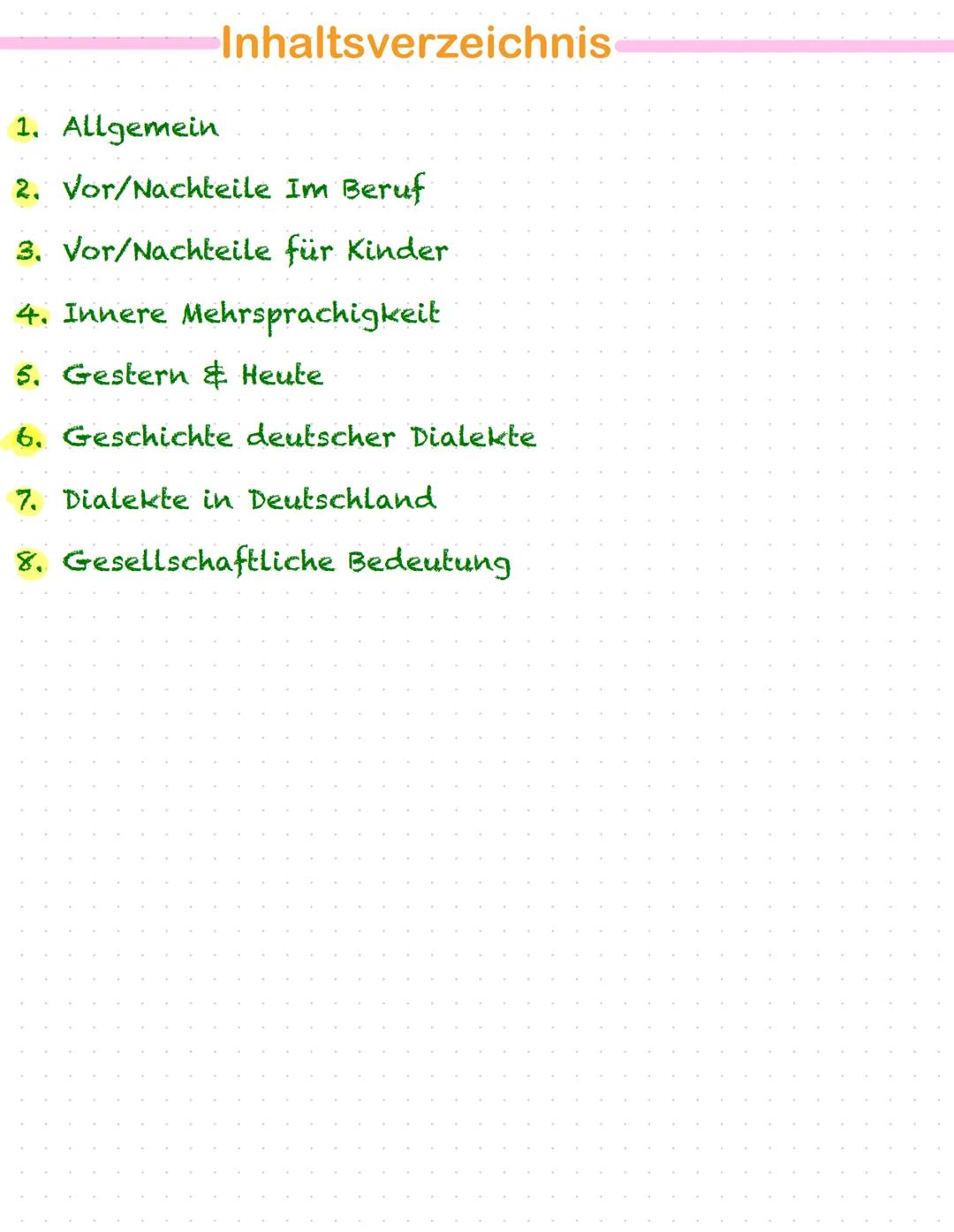 # Dialekte

Servus!

Grüß Gott!

Moin! # Inhaltsverzeichnis

1. Allgemein
2. Vor/Nachteile Im Beruf
3. Vor/Nachteile für Kinder
4. Innere Me
