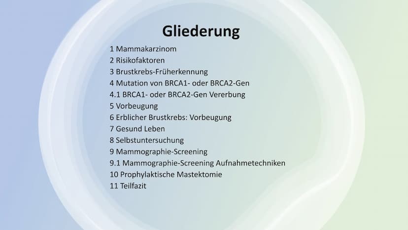 Brustkrebs-
Eine Krankheit,
an der man
sterben muss? Gliederung
1 Mammakarzinom
2 Risikofaktoren
3 Brustkrebs-Früherkennung
4 Mutation von B