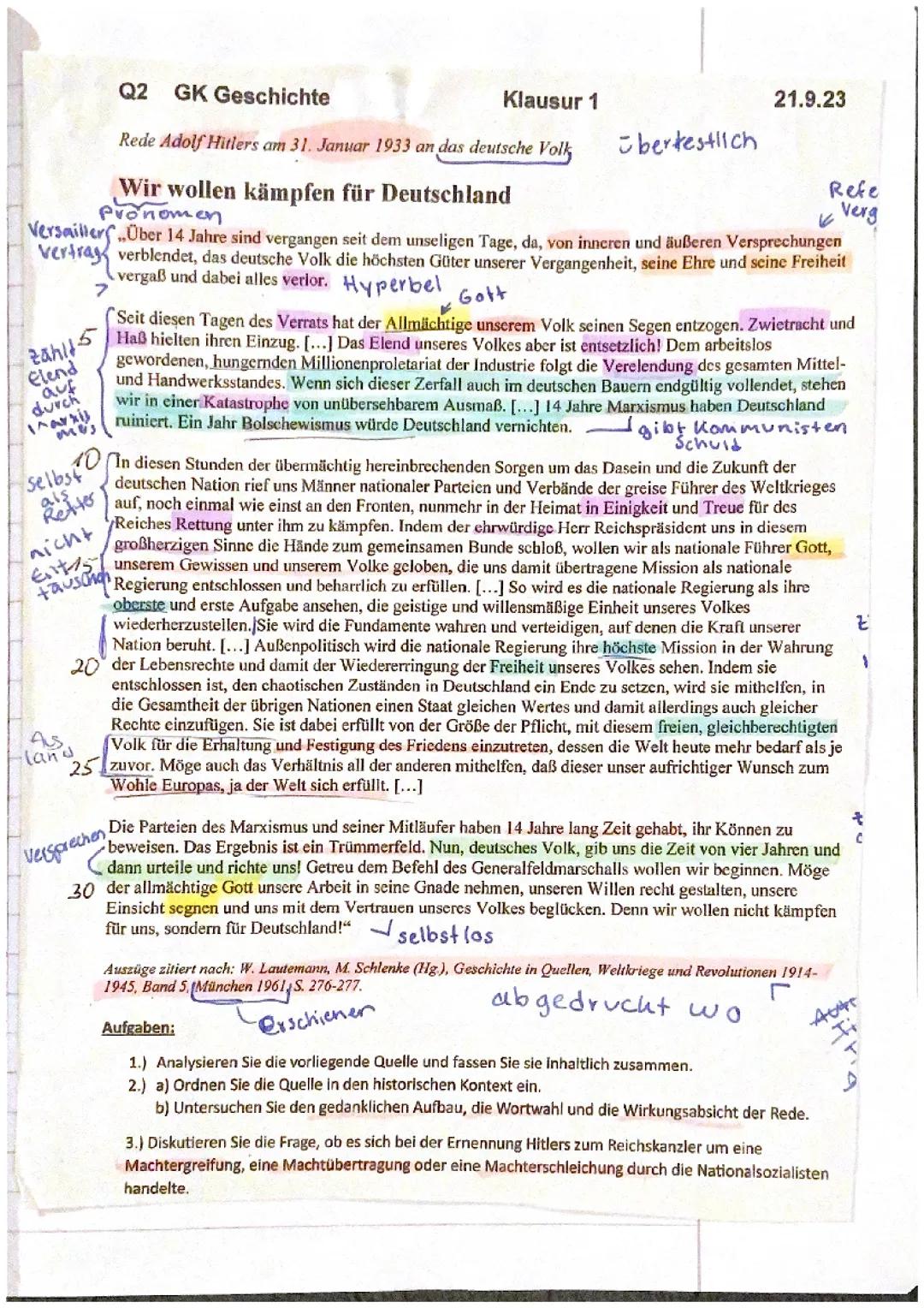 Hitlers Machtübernahme 1929-1934 Klausur Q2 Geschichte Grundkurs 
