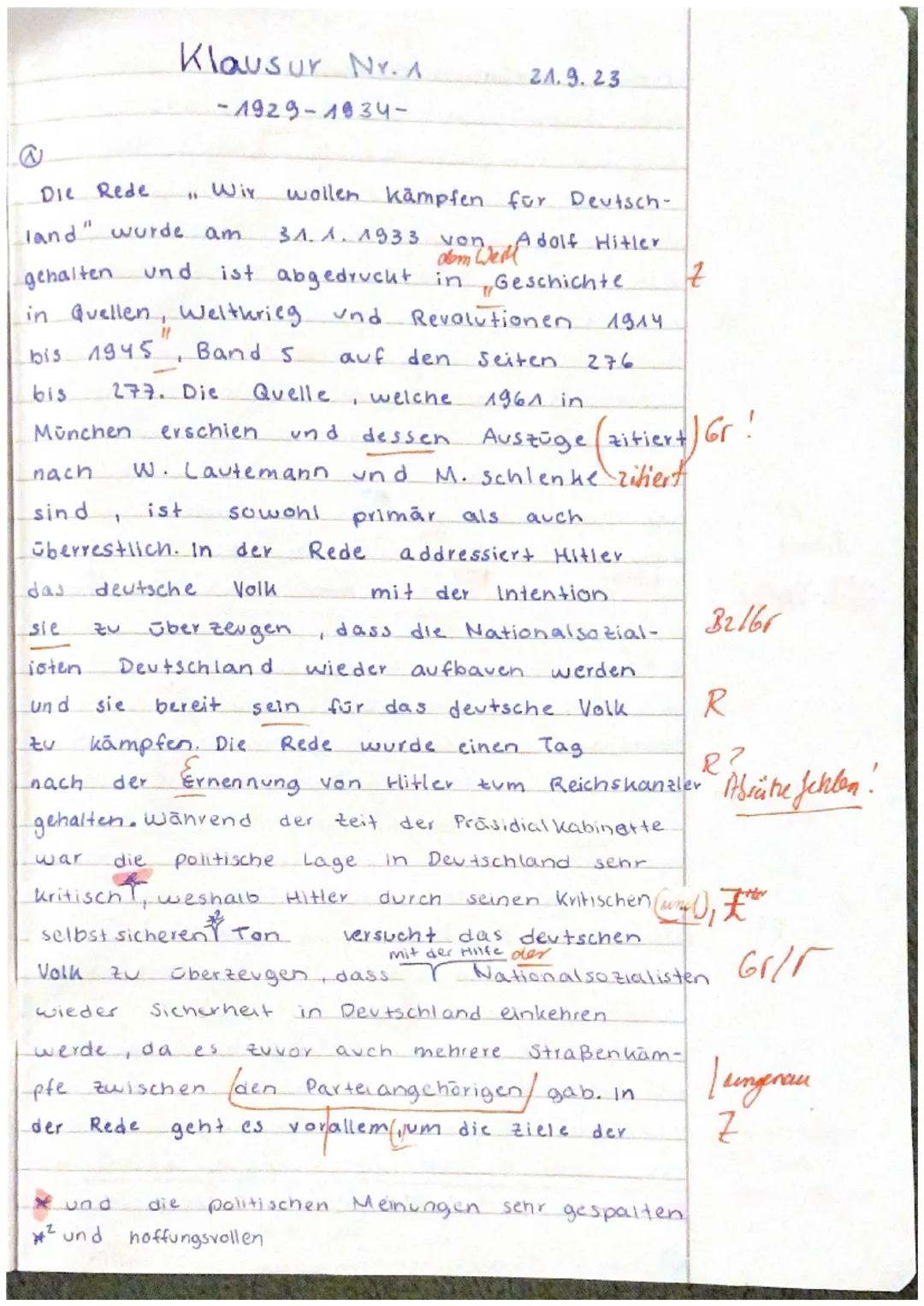 Q2
GK Geschichte
Rede Adolf Hitlers am 31. Januar 1933 an das deutsche Volk
Klausur 1
21.9.23
übertestlich
Wir wollen kämpfen für Deutschlan