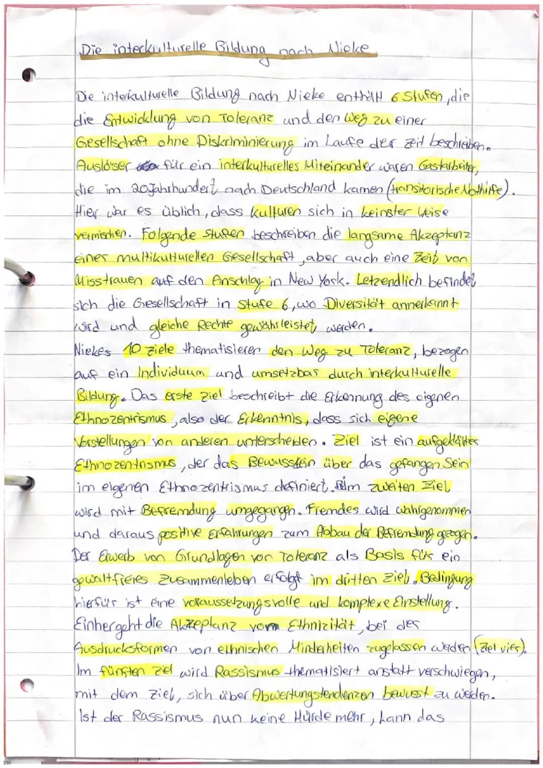 Die interkulturelle Bildung nach Nicke
Die interkulturelle Bildung nach Nieke enthält 6 Stufen, die
die Entwicklung von Toleranz und den Weg