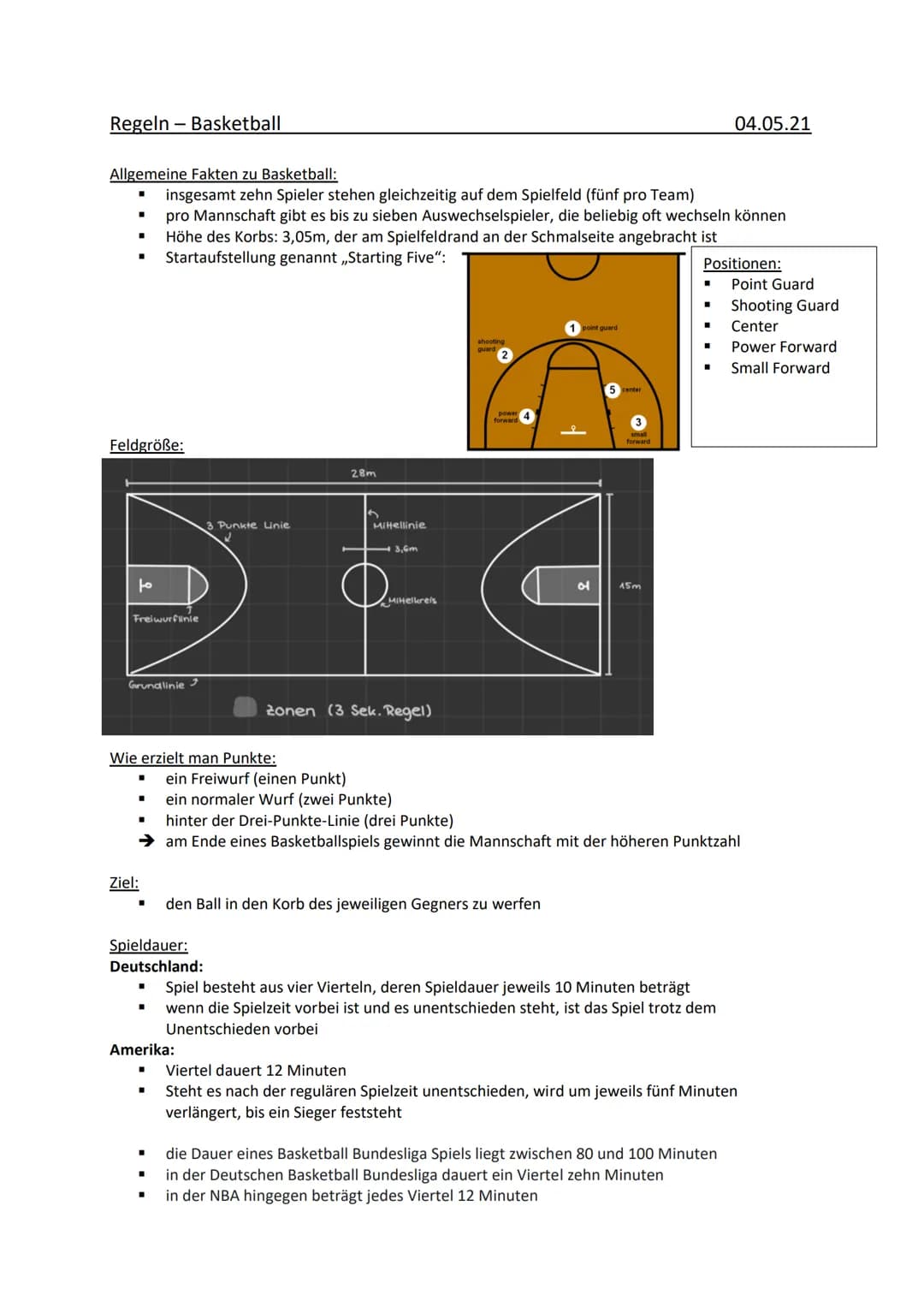 Regeln - Basketball
Allgemeine Fakten zu Basketball:
insgesamt zehn Spieler stehen gleichzeitig auf dem Spielfeld (fünf pro Team)
pro Mannsc