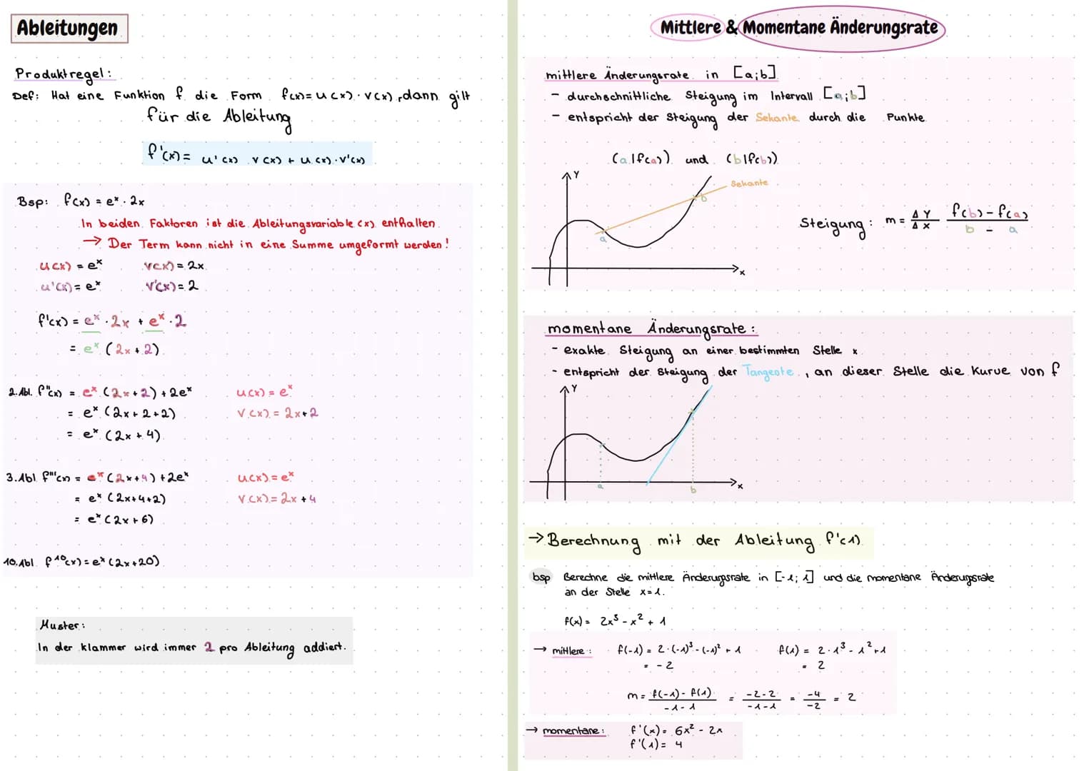 Ableitungen
Definition: Die Ableitung f'(x) ist der Graph der Steigung einer Funktion f(x)
Regeln:
Potenzregel:
f(x) = x"
f'(x)=n·x²-1
Bsp:
