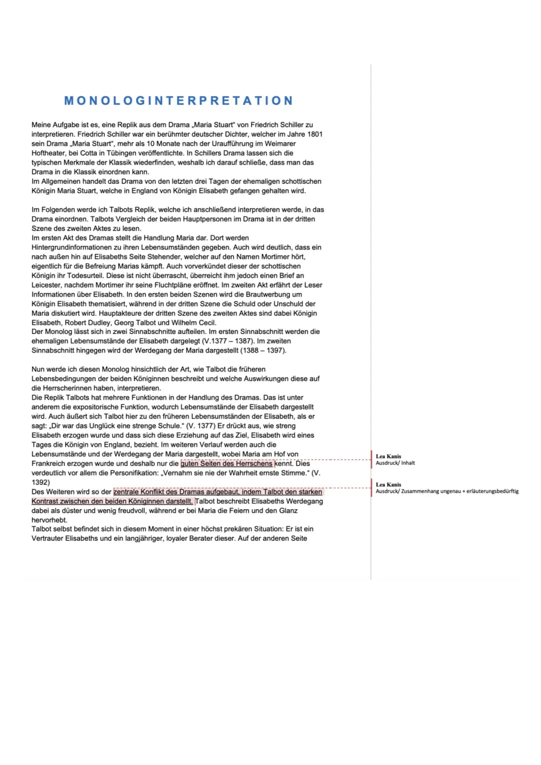 MONOLOGINTERPRETATION
Meine Aufgabe ist es, eine Replik aus dem Drama „Maria Stuart" von Friedrich Schiller zu
interpretieren. Friedrich Sch