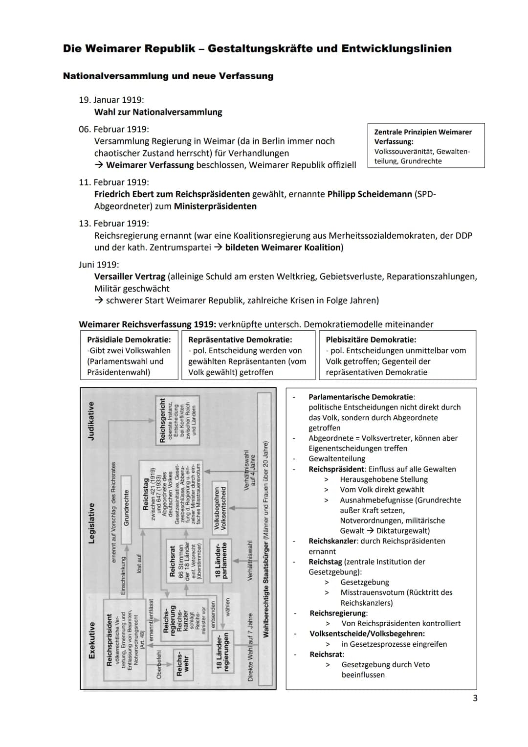 Weimarer Republik
= der Abschnitt der deutschen Geschichte von 1918 bis 1933 bezeichnet, in dem erstmals eine
parlamentarische Demokratie in