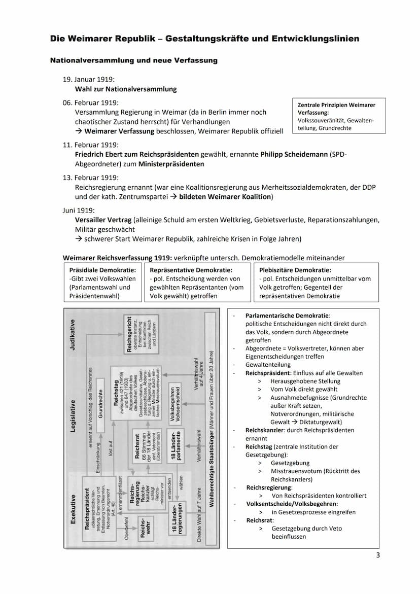 Weimarer Republik
= der Abschnitt der deutschen Geschichte von 1918 bis 1933 bezeichnet, in dem erstmals eine
parlamentarische Demokratie in