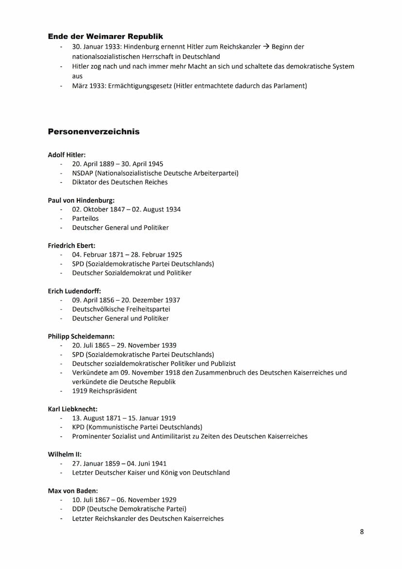 Weimarer Republik
= der Abschnitt der deutschen Geschichte von 1918 bis 1933 bezeichnet, in dem erstmals eine
parlamentarische Demokratie in