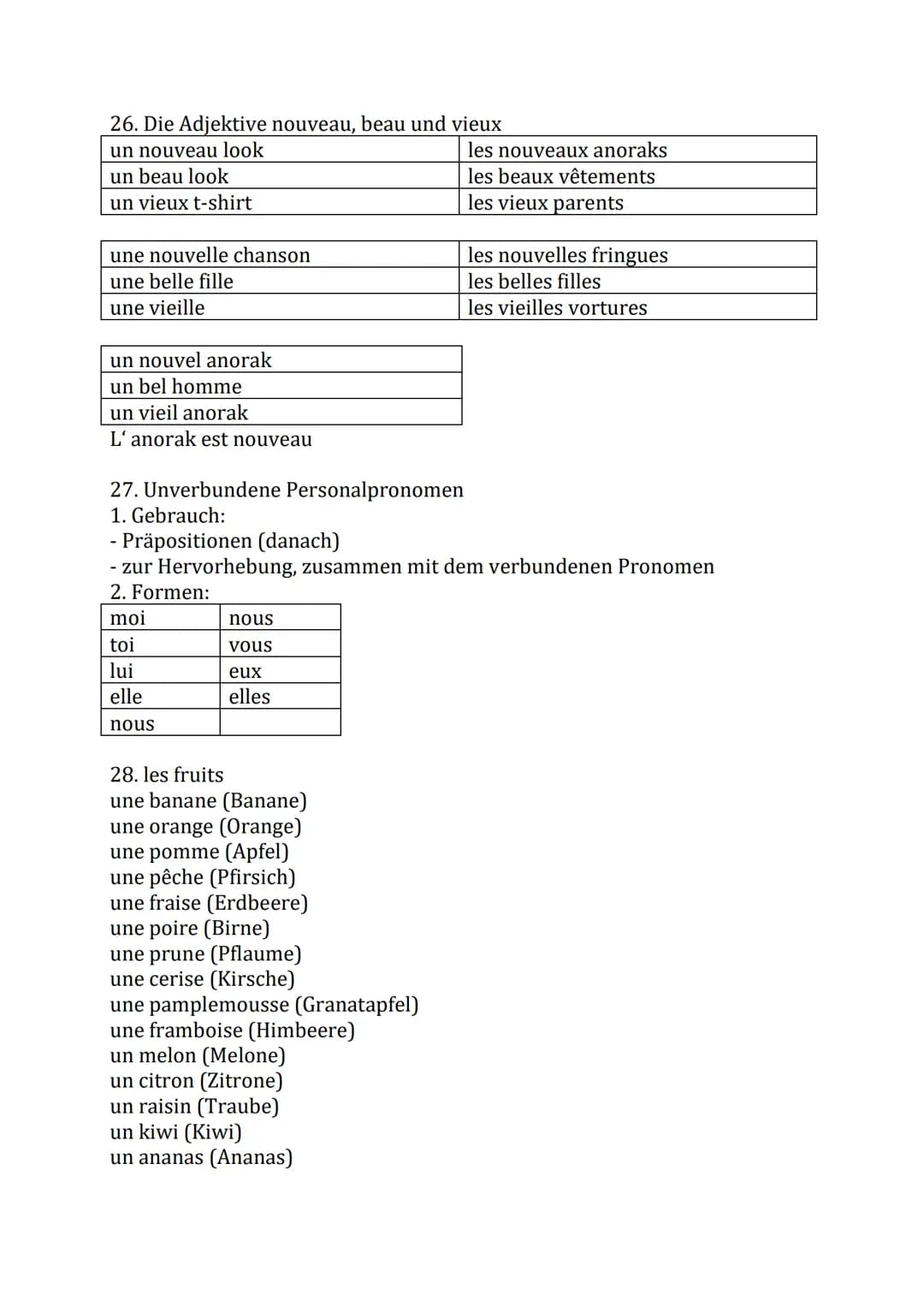 1. bestimmter und unbestimmter Artikel
bestimmter Artikel
le théâtre
la copine
l'épouvantail
Grammatik Französisch 8.Klasse
2. Konjugation d