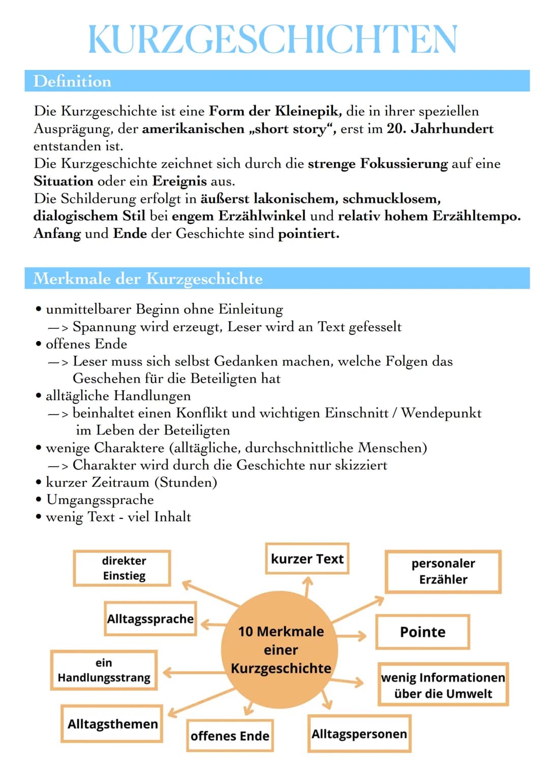 KURZGESCHICHTEN
Die Kurzgeschichte ist eine Form der Kleinepik, die in ihrer speziellen
Ausprägung, der amerikanischen ,short story", erst i