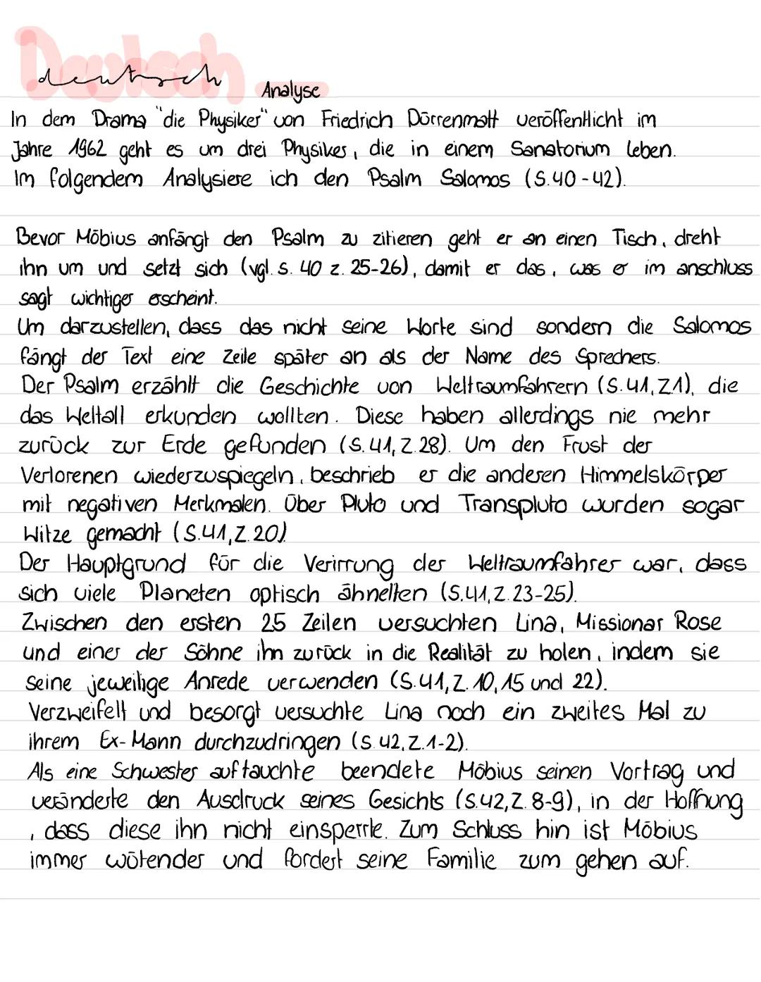 Deutsch
Analyse
In dem Drama "die Physiker" von Friedrich Dürrenmatt veröffentlicht im
Jahre 1962 geht es um drei Physiker, die in einem San