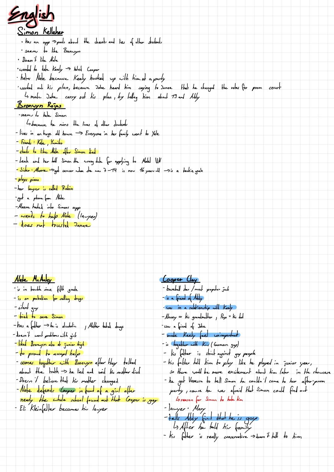 # English

Simon Kelleher

• has an app sports about the cheats and lies of other student

•seems to like Bronwyn

• Doen't like Nate

•want