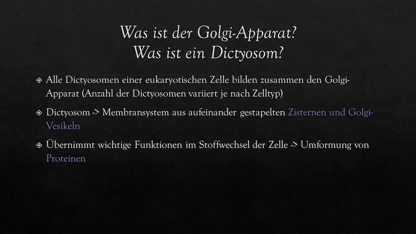 Dictyosomen
Der Golgi- Apparat
630 Inhalt der
Präsentation
Entdeckung des Golgi-Apparats
→ Was ist der Golgi-Apparat? Was ist ein Dictyosom?