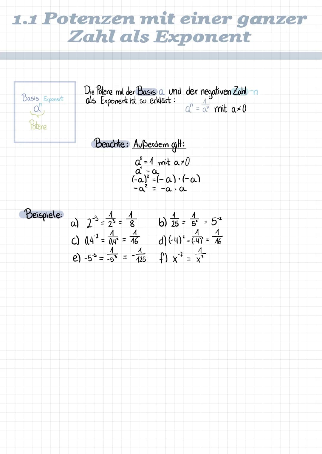 1.2 Potenzen mit gleicher Basis
Potenzen mit gleicher Basis werden multipliziert, indem man
die Exponenten addiert. Die Basis bleibt gleich
