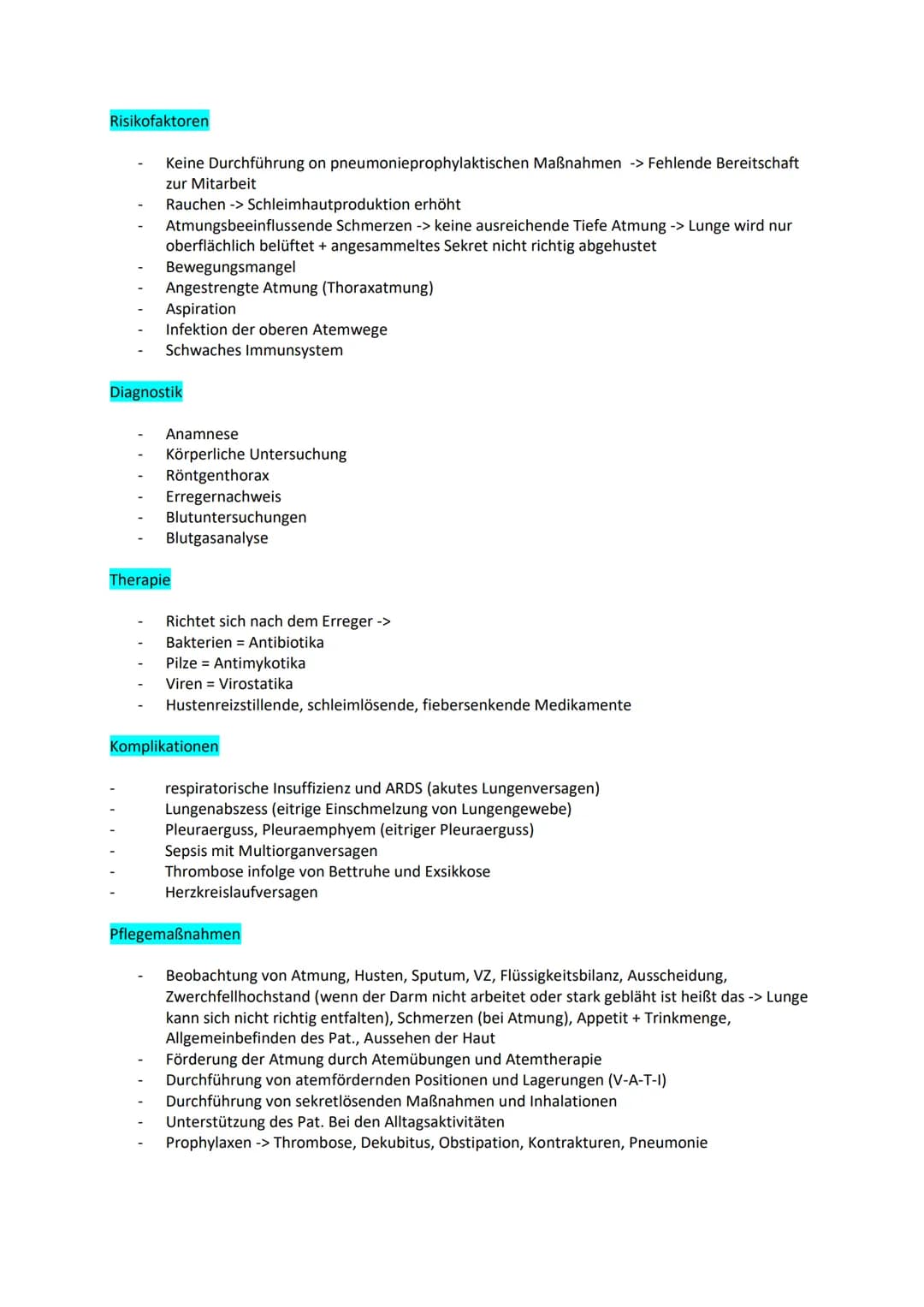 Examensthema: Pneumonie
Gliederung
Definition
Unterteilung
Anatomie
Symptome
Risikofaktoren
Diagnostik
Therapie
Komplikationen
Pflegemaßnahm