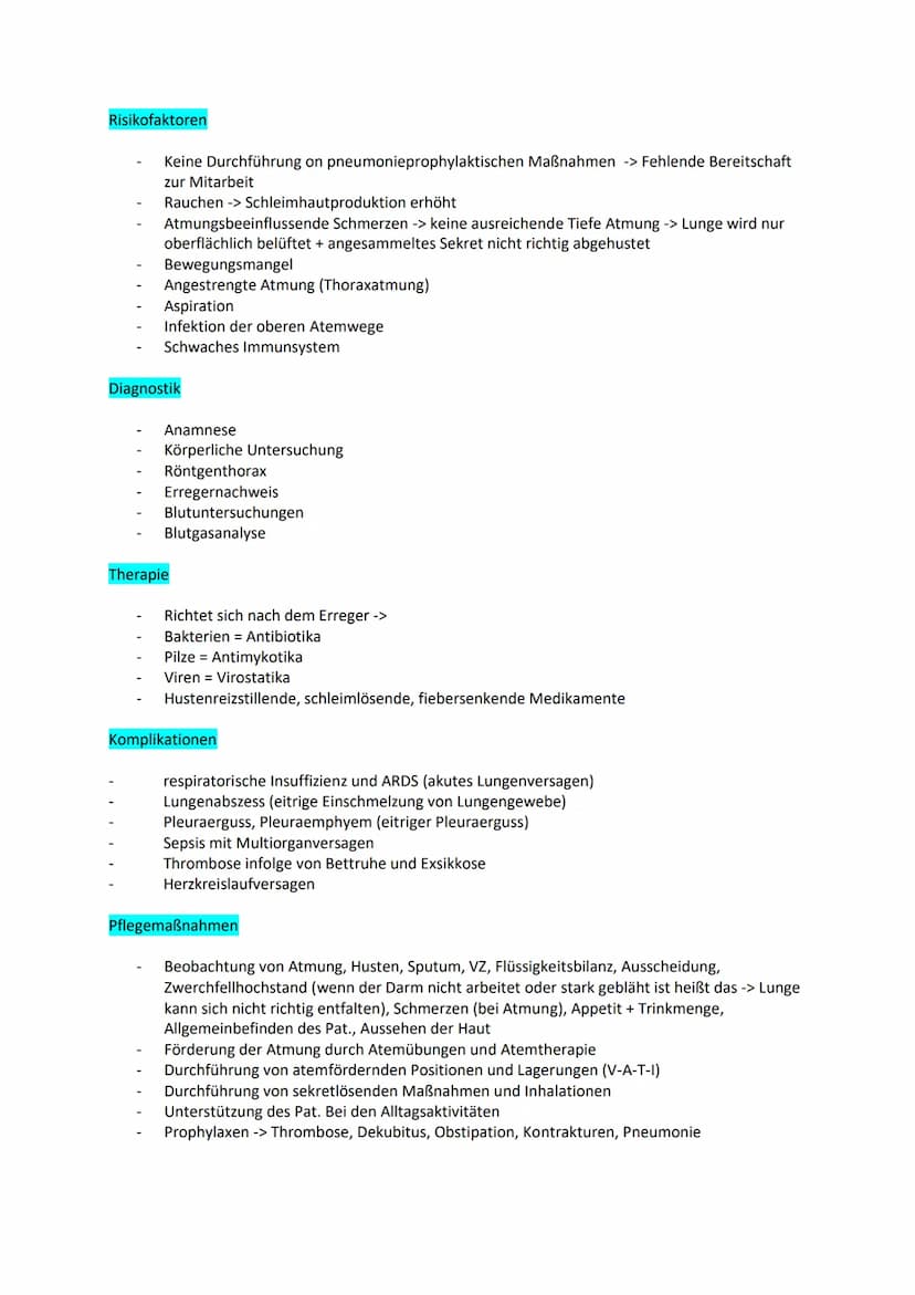 Examensthema: Pneumonie
Gliederung
Definition
Unterteilung
Anatomie
Symptome
Risikofaktoren
Diagnostik
Therapie
Komplikationen
Pflegemaßnahm