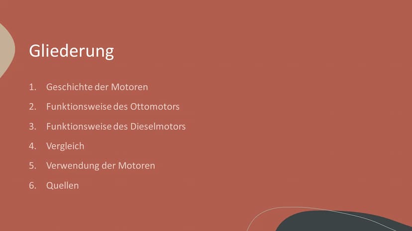Otto- und
Dieselmotoren
Bild 1 Gliederung
1. Geschichte der Motoren
2. Funktionsweise des Ottomotors
3. Funktionsweise des Dieselmotors
4. V