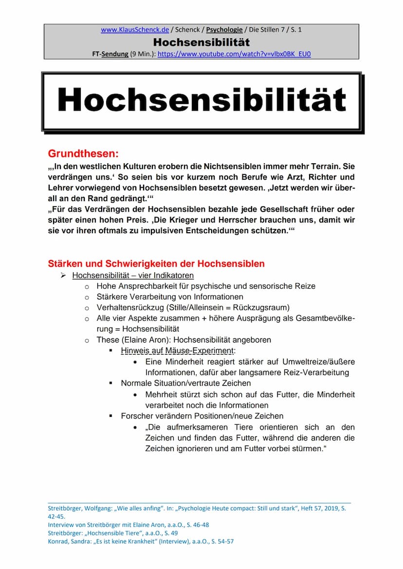 Introversion bei Schülern
www.KlausSchenck.de/ Schenck / Psychologie / Die Stillen 4 / S. 1
Introversion bei Schülern
FT-Sendung (8Min.): ht